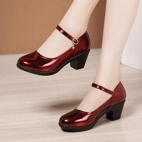 Kleine Größe 32-43 Modische flache Lackleder Schuhe Damen Plateau Pumps 2026 Herbst Med Blockabsatz Schuhe Büro Mama Tanz