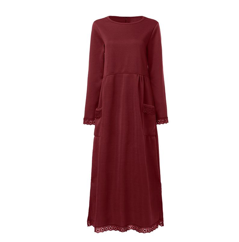 Women's Autumn and Winter Warm Fleece Long Sleeve Lace Sweater Dress Casual Pocket Dress