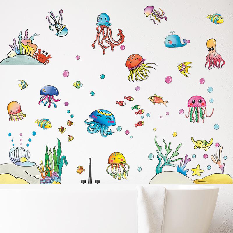 Cartoon Jellyfish Paradise Wall Sticker Self-Adhesive Removable for Kids Room Bathroom Home Decor