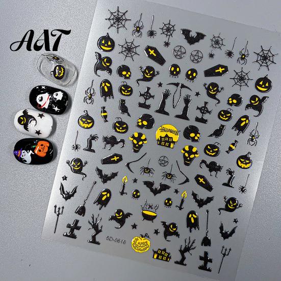 5D Embossed Nail Decals Halloween Art Stickers, Skull Pumpkin Ghost Stickers Decals, Waterproof Self Adhesive Manicure Decoration Holiday Theme