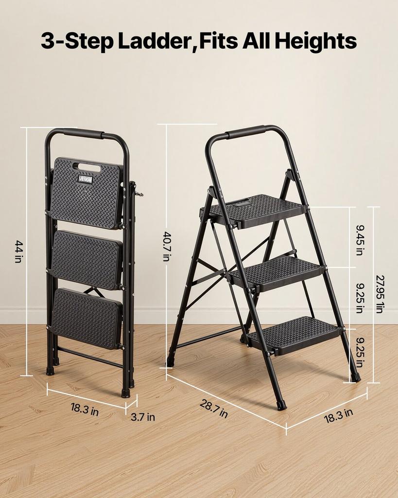 3 Step Ladder, Folding Step Stool with Wide Anti-Slip Pedal and Comfort Handgrip, Lightweight 272 kg Capacity Portable Steel Ladder, Multi-Use for
