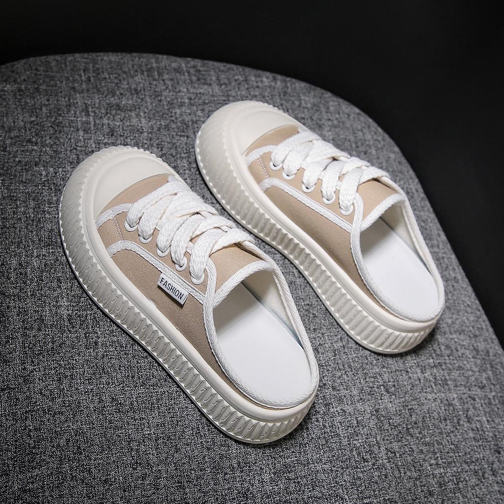 Half Dragged White Shoes for Women Breathable and Casual Canvas Shoes