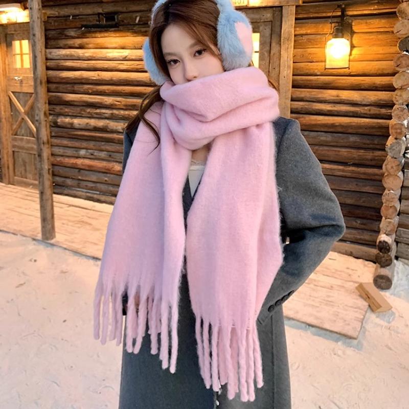Winter Scarf For Women Cashmere Warm Solid Pink Pashmina Blanket Wraps Female Thick Soft Bufanda Big Tassel Shawl Long Echarpe