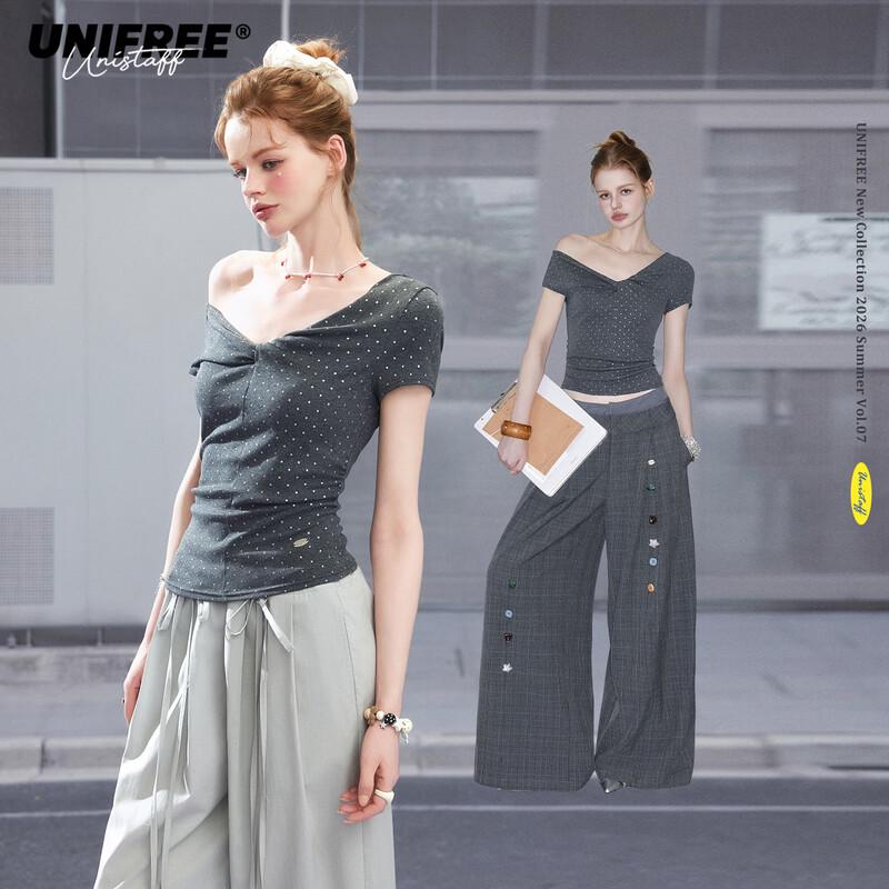 

UNIFREE Glitter Polka Dot One-Shoulder Twist-Knot Slim Tee M