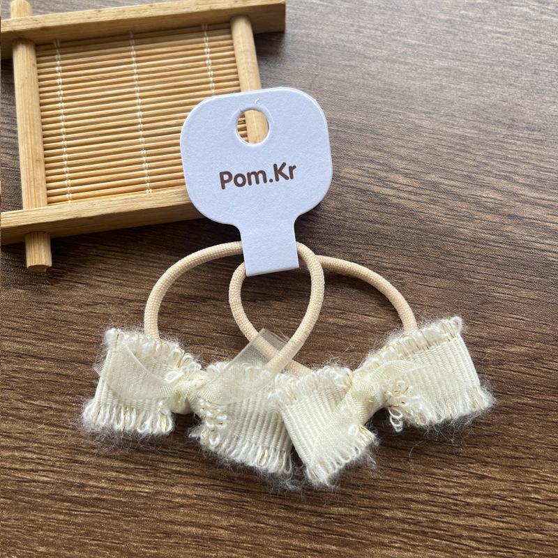 2pcs/set Beige Color Cute Lace Bow Hair Ties for Girls Fashionable Stretch Versatile Kids Ponytail Holders with Floral Lace Trim