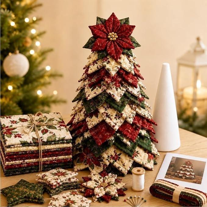 Quilted Christmas Tree Set Red Holly