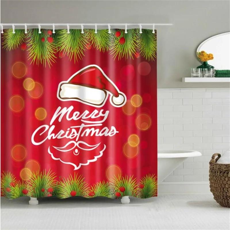 Merry Christmas Shower Curtain Christmas Home Decor Snowman Santa Claus Bathroom Curtain Polyester Fabric Bath Screen with Hooks