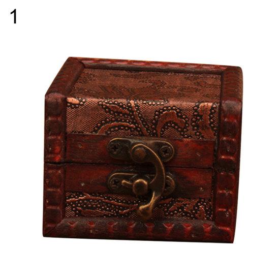 Vintage Small Wood Flower Coin Pattern Box Jewelry Bracelet Storage Holder Case