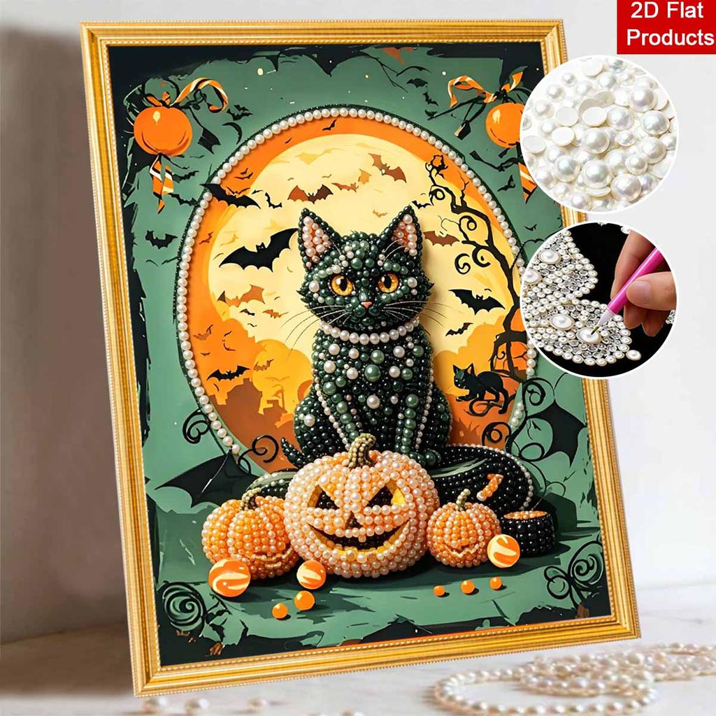 Halloween Black Cat and Pumpkin Pearl Painting Art Full Pearl Handmade Diy Home Decorations