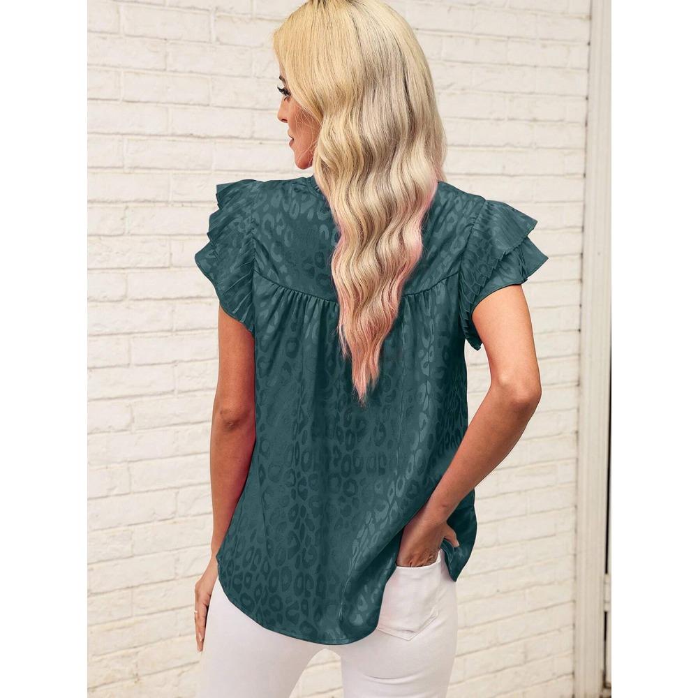 GMXIA Women's Summer Fashion All-match Printed Lotus Sleeve Wavy Neck Women's Top