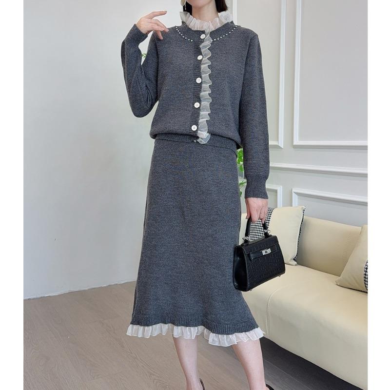 Celebrity sweater two-piece set autumn and winter fashion lace skirt + knitted cardigan set