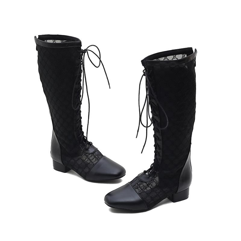 Stylish Summer Tall Boots Knee High Women Square Toe Lace Up Mesh Gladiator Sandals Block Low Heel Zipper Shoes
