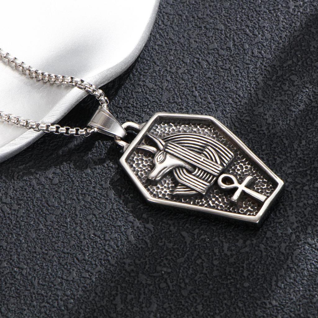 Men's Vintage Anubis Pendant Necklace with Stainless Steel Sarcophagus Design and Long Box Chain