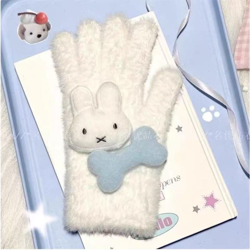 Miffy Rabbit sea salt blue bone girly gloves, cute plush and faux mink, warm split-finger gloves for women