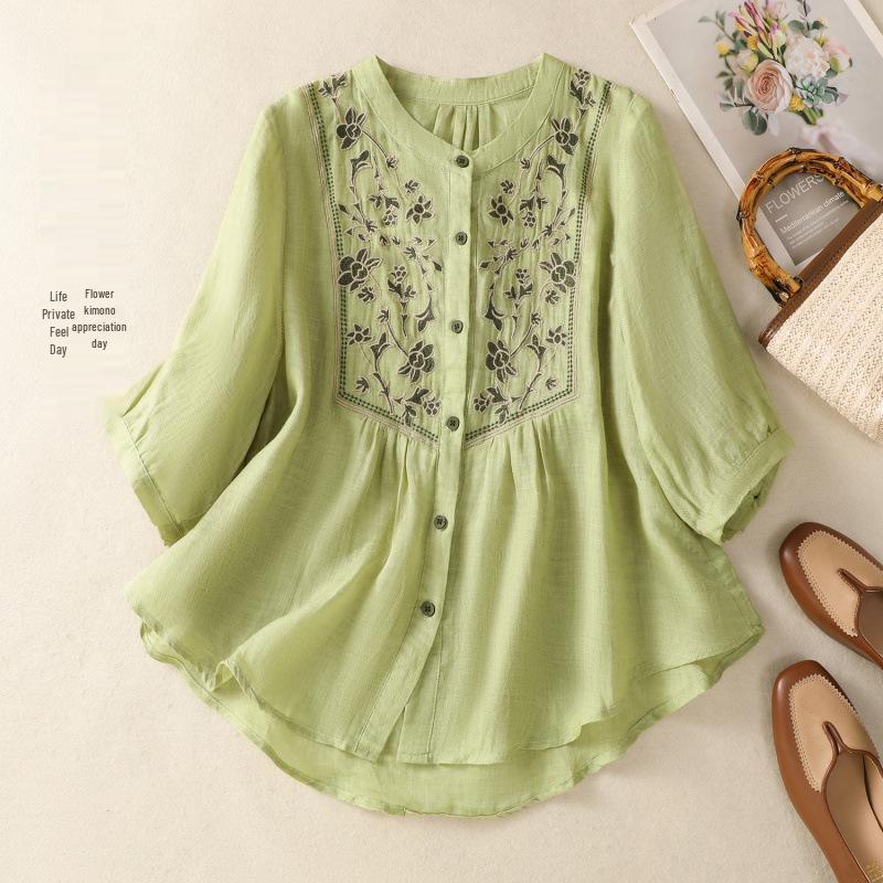 

2025 Women s Retro Linen Shirt: Elegant Stand Collar, Single-Breasted, Embroidered Design L зелений