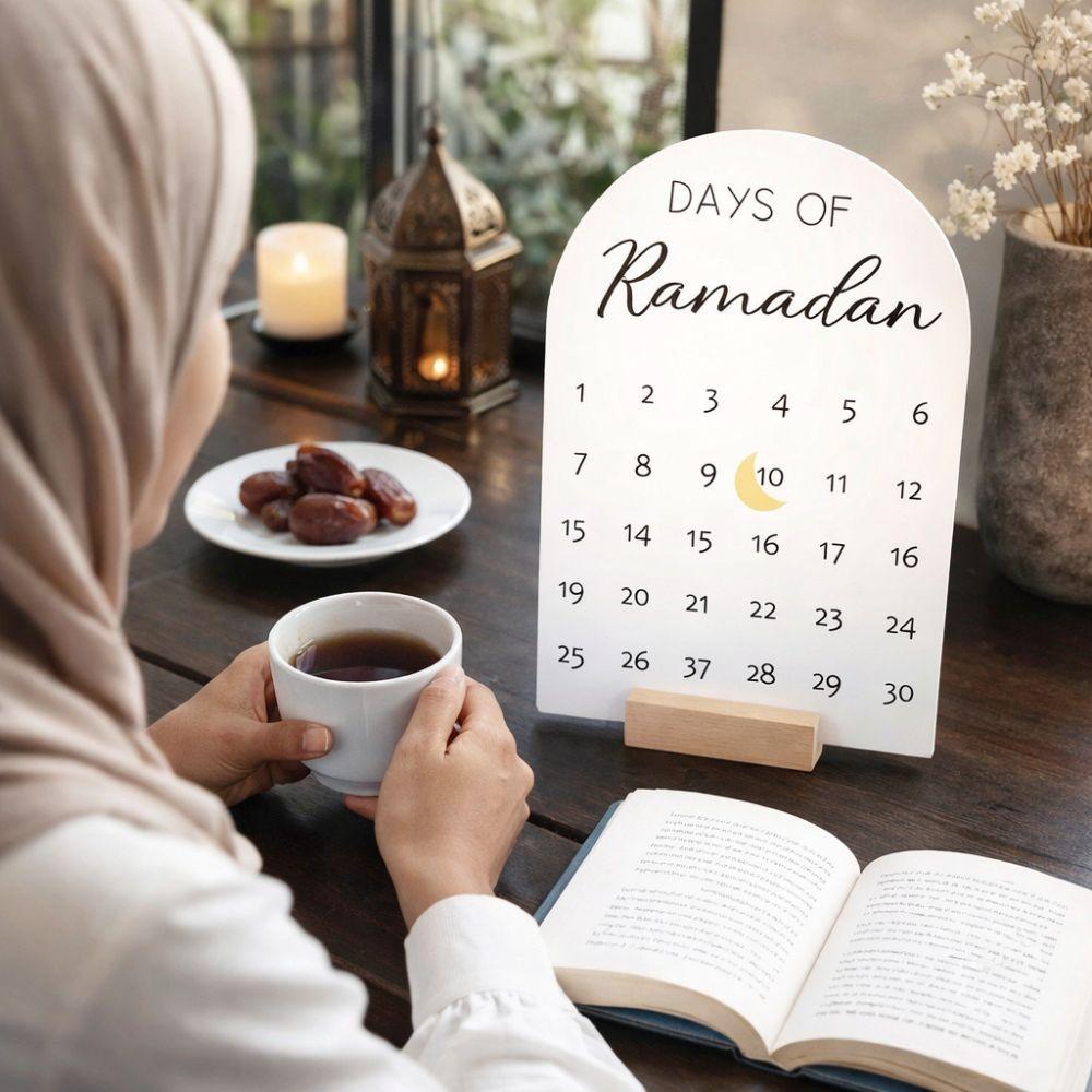 Acrylic Ramadan Advent Calendar White Mirror 30 Days Countdown Calendar DIY Crafts Wooden Base Eid Mubarak Decor