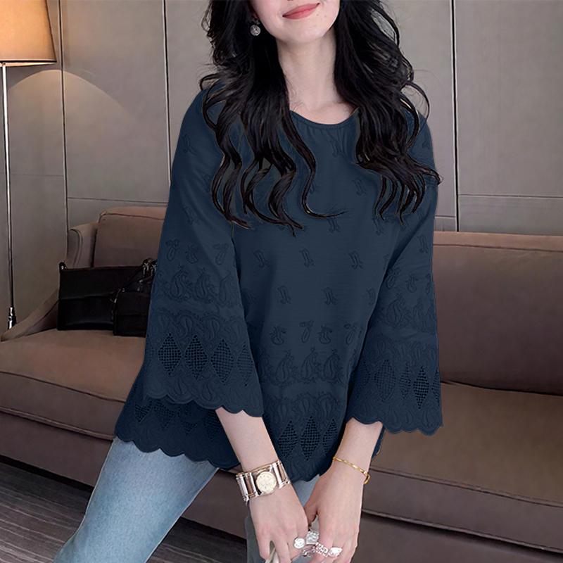 

ZANZEA Женская блузка с круглым вырезом, рукавом 3/4, свободного кроя, в стиле кэжуал, с вышивкой и лоскутной отделкой 5XL