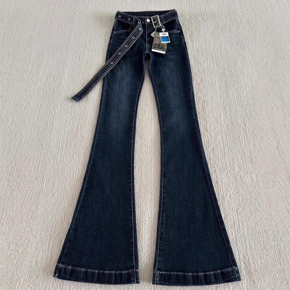 Women's Retro Dark Blue Micro Flare Jeans - Low Rise, Plus Velvet, Elastic Slimming, Bell Bottoms for Autumn/Winter.
