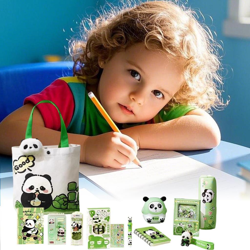 Astuccio Panda con Segnalibro Magnetico e Spilla Include Gomma, Quaderni, Penne, Righelli, Blocchetti Adesivi per Studio Bambini College