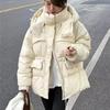 Women's Autumn Winter Down Jacket Short Hooded Single Breasted Loose Adjustable Waist Straight Tube White Duck Down Coat