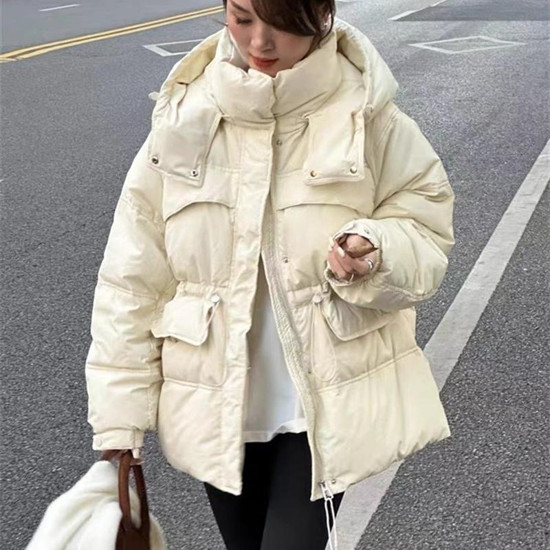 Women's Autumn Winter Down Jacket Short Hooded Single Breasted Loose Adjustable Waist Straight Tube White Duck Down Coat