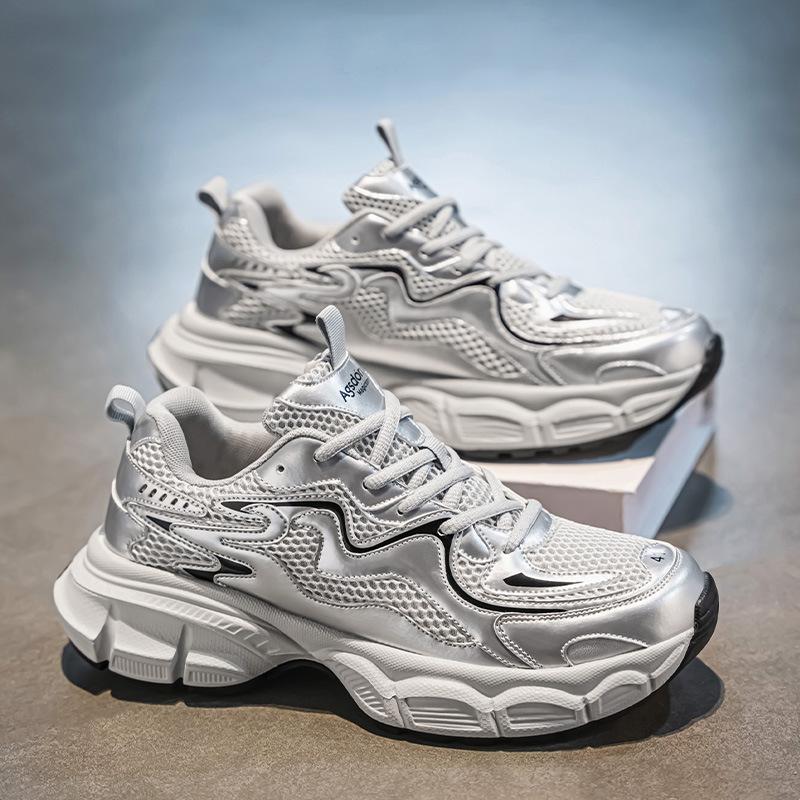 Silver dad shoes men's spring 2025 new high-end Hong Kong style mesh breathable height increase men's sports and leisure shoes