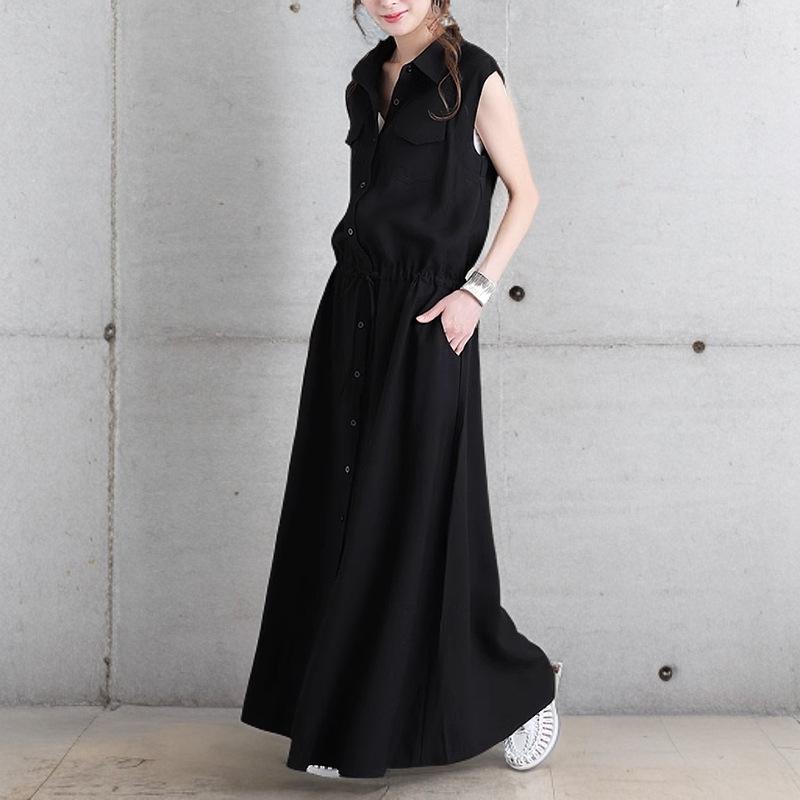 Women's Spring/Autumn Turn-Down Collar Maxi Shirt Dress - Long Sleeve, Solid Color, Casual