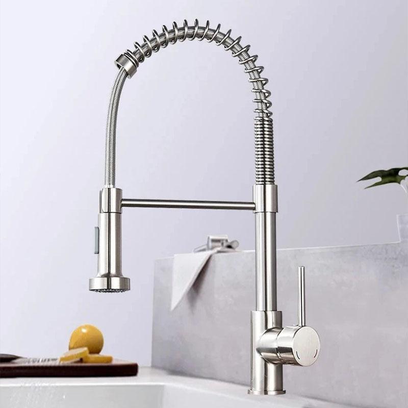 Brushed Pull Down Kitchen Faucet Chrome Dual Modes Nozzle Hot Cold Water Mixer Crane Tap Brass Spring Kitchen Sink Faucets