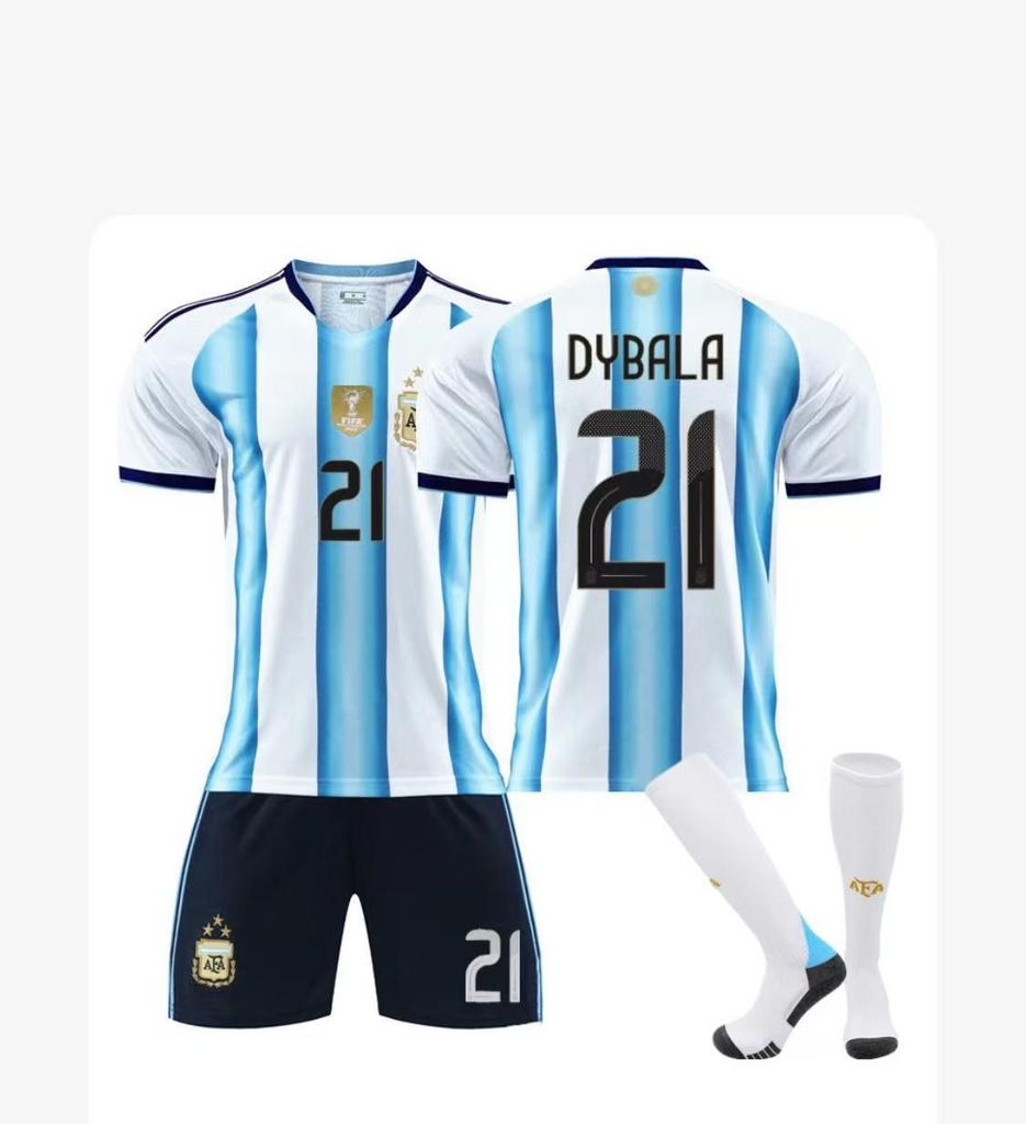 Argentina Home No. 10 Messi & No. 21 Dybala Kids Soccer Jersey Set - World Cup 2526