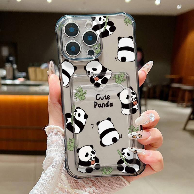 Süßes Pandas-Muster, durchsichtiger Kartenschlitz, weiche Silikonhülle für iPhone 16 Pro Max 15 Pro 14 13 12 11, transparente, stoßfeste, schlanke Telefonabdeckung