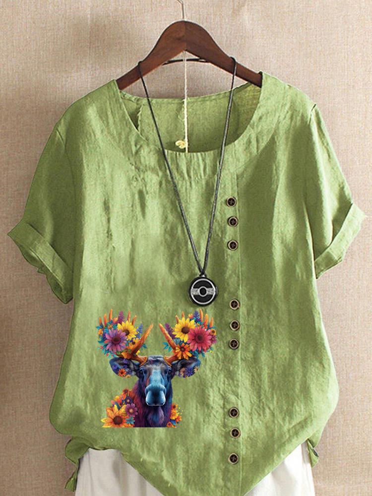 

Women s Fashion Floral Cow Print Round Neck Short Sleeve T-shirt Summer Casual Cotton Linen Graphic Shirt Leisure Loose Blouse Tops 5XL зелений