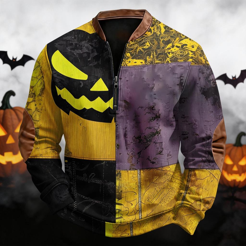Men's Casual Retro Half Zip Long Sleeve Sweatshirt with Halloween Print