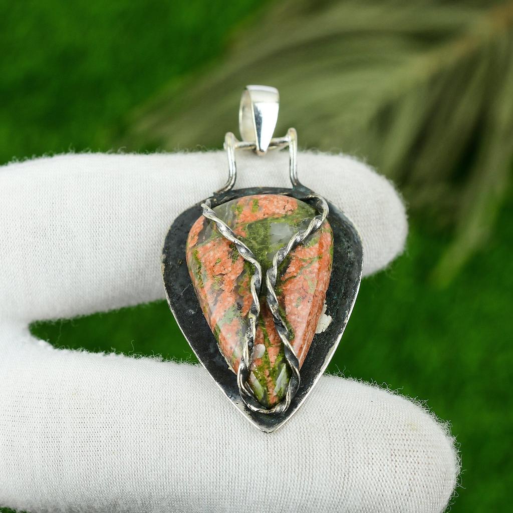 Mothers day Sale Unakite Gemstone Heart Chakra Wife Boho Pendant Sterling Silver