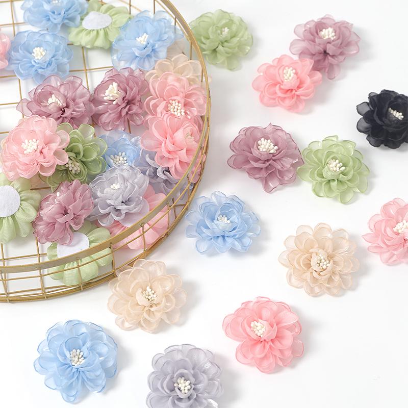 2/5/10Pcs 5cm Organza Chiffon Fabric Flowers DIY Wedding Dress Clothing Shoes Hats Decoration Hairpin Jewelry Accessories