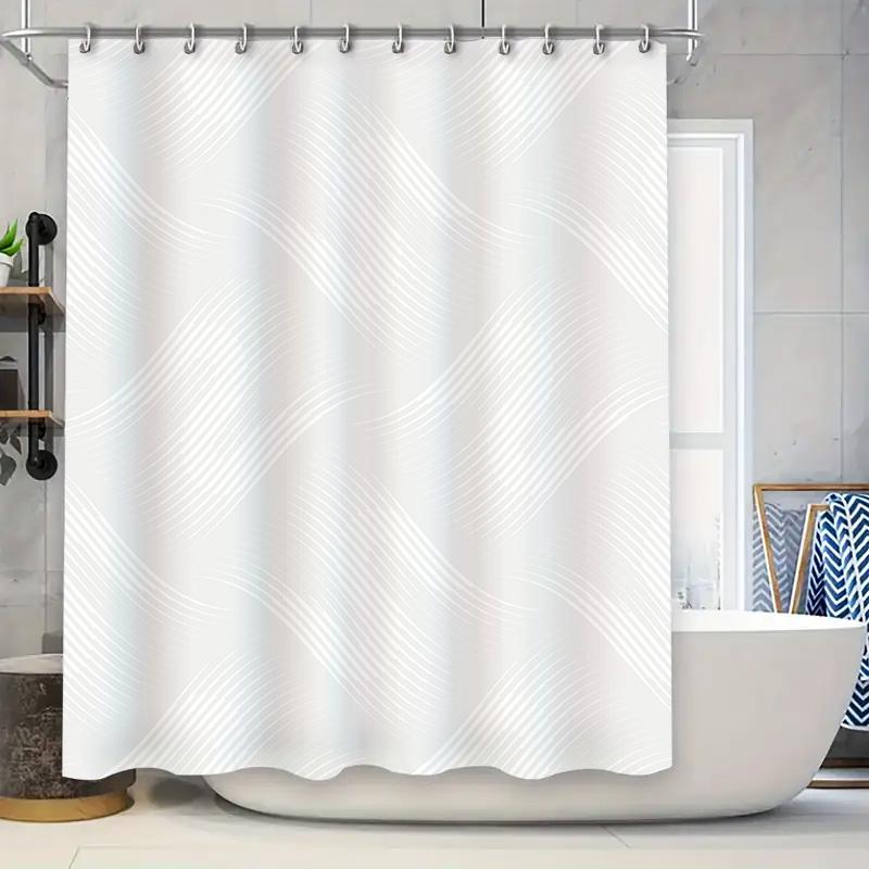 Scandinavian Wave Shower Curtain-White Geometric Pattern Shower Curtains 180X 200 Cm For Modern Spa Bathroom Decoration