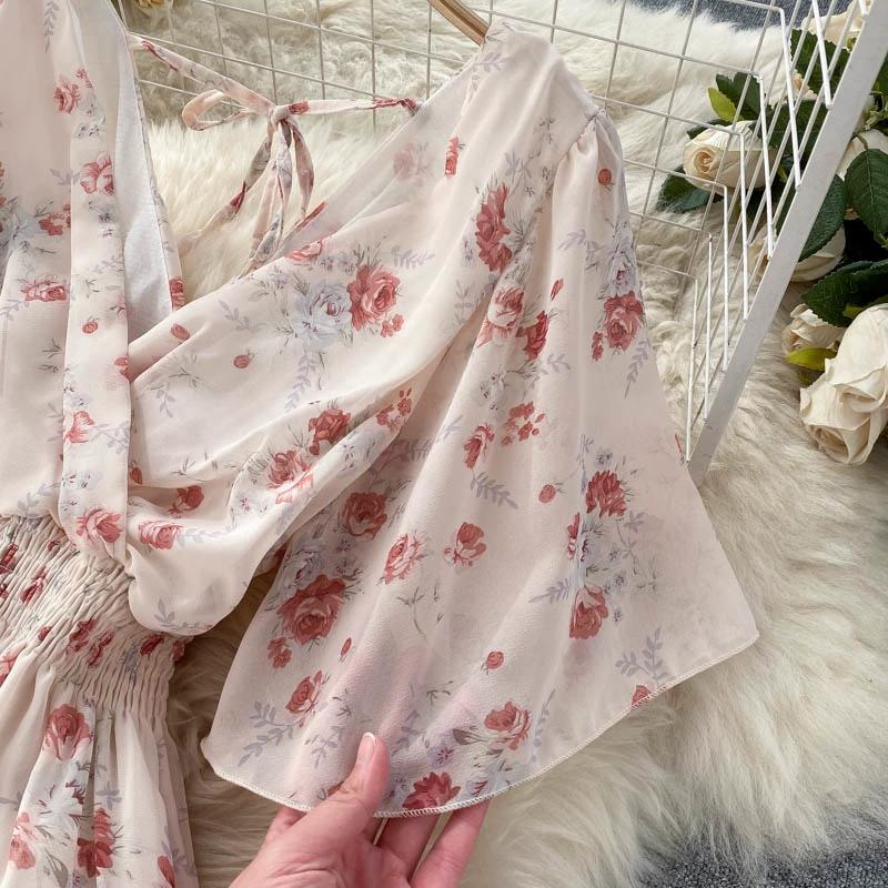 Damen Sommer Sexy V-Ausschnitt Taille Lange Chiffon Blumen Strandkleider