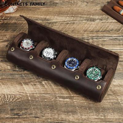 Vintage Crazy Horse Leather Portable Watch Box for Four Handmade Travel Storage