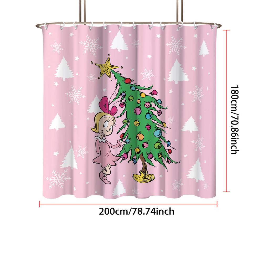 1Pc Pink Cartoon Christmas Tree Print Waterproof Shower Partition, Privacy Hanging Curtain With 12 Hooks Multiple Size