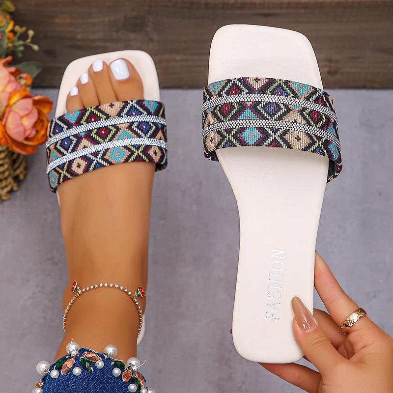 Fashion Bohemian Mix Color Flat Slides for Women Retro Square Toe Low Heel Slippers Woman Summer Beach Soft Bottom Slippers Female