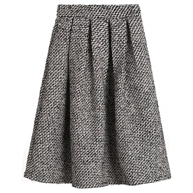 Dámské Podzimní Zimní Kostkované Vintage Silné Korejské Sukně s Vysokým Pasem A-linie Retro Dlouhá Sukně