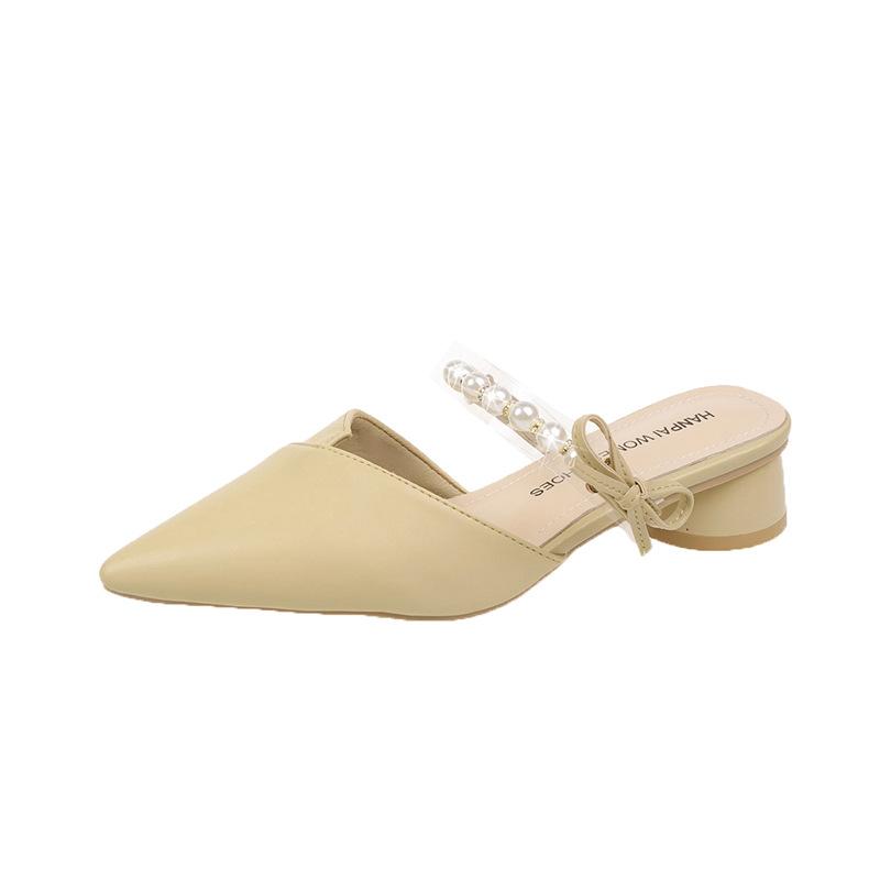 Été Nouvelles Pantoufles Coréennes Baotou Femmes Mules Talon Épais Bout Pointu Chaussures à Talons Hauts Pantoufles à Rayures Perle Pantuflas De Mujer
