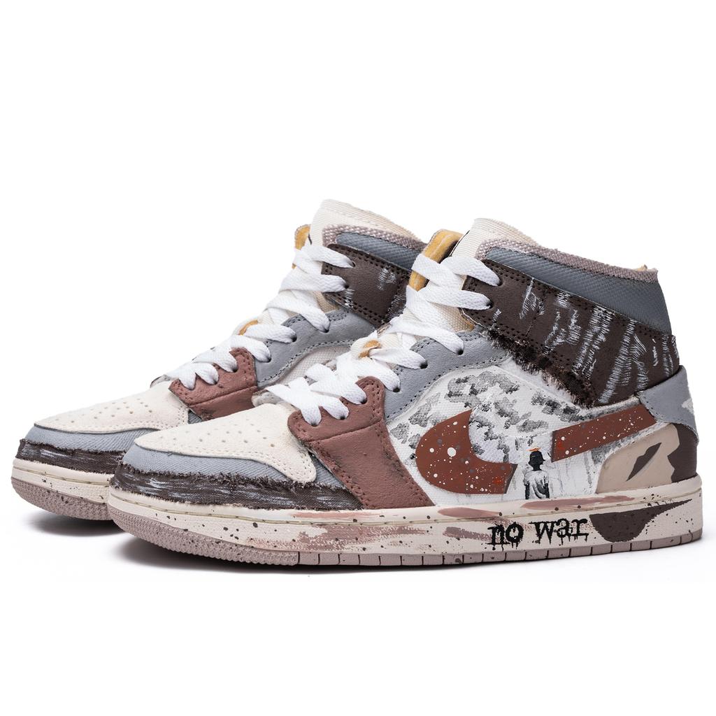 Jordan Air Jordan 1 Da Vinci Custom, Box, Gaza Mid top Vintage Basketball Shoes Men's Reddish Gray DM9652-102(TeamM--BOX)