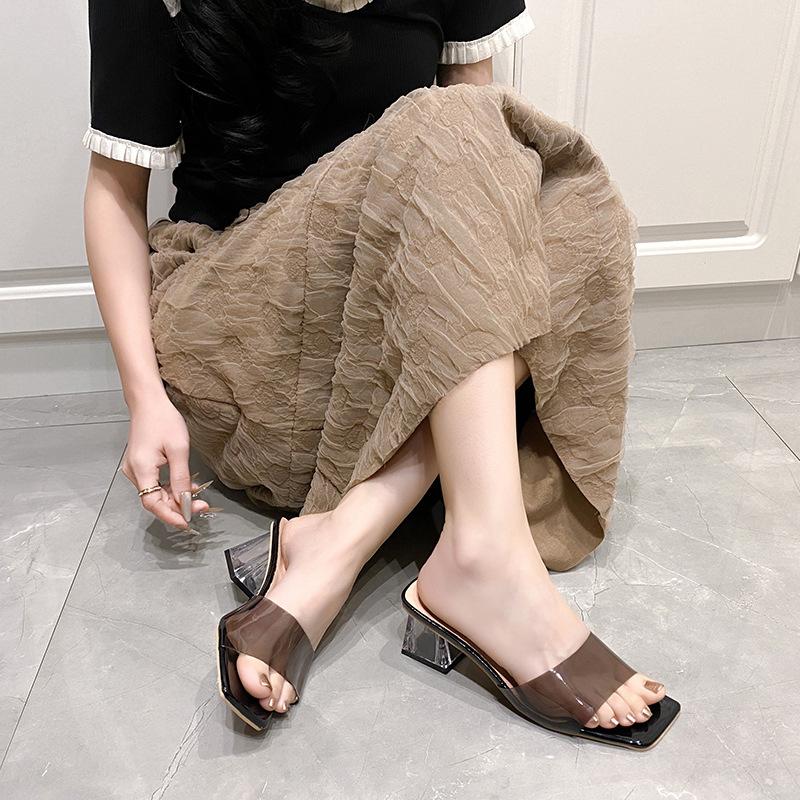 Transparent Crystal Slippers Women's Outer Wear 2025 Summer New Thick Heel High Heel Square Head Open Toe Cool Slippers Women's Summer Outer Wear