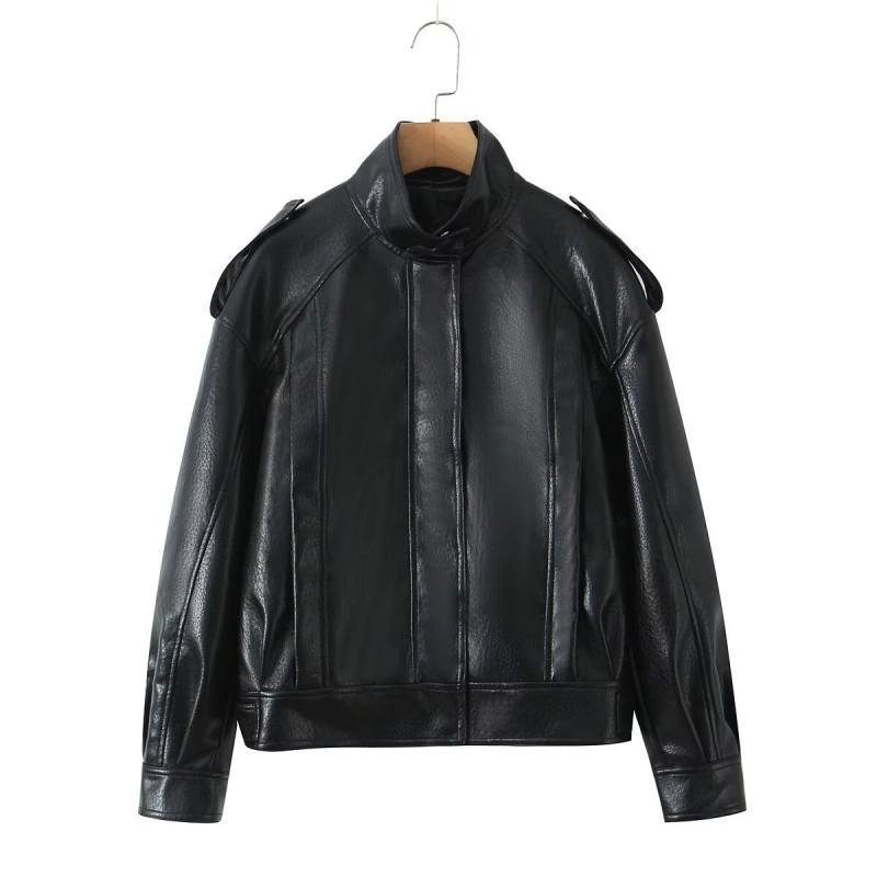 Womens Winter PU Faux Leather Jacket Loose Fit Stand Collar Zipper Coat Casual Chic Outerwear