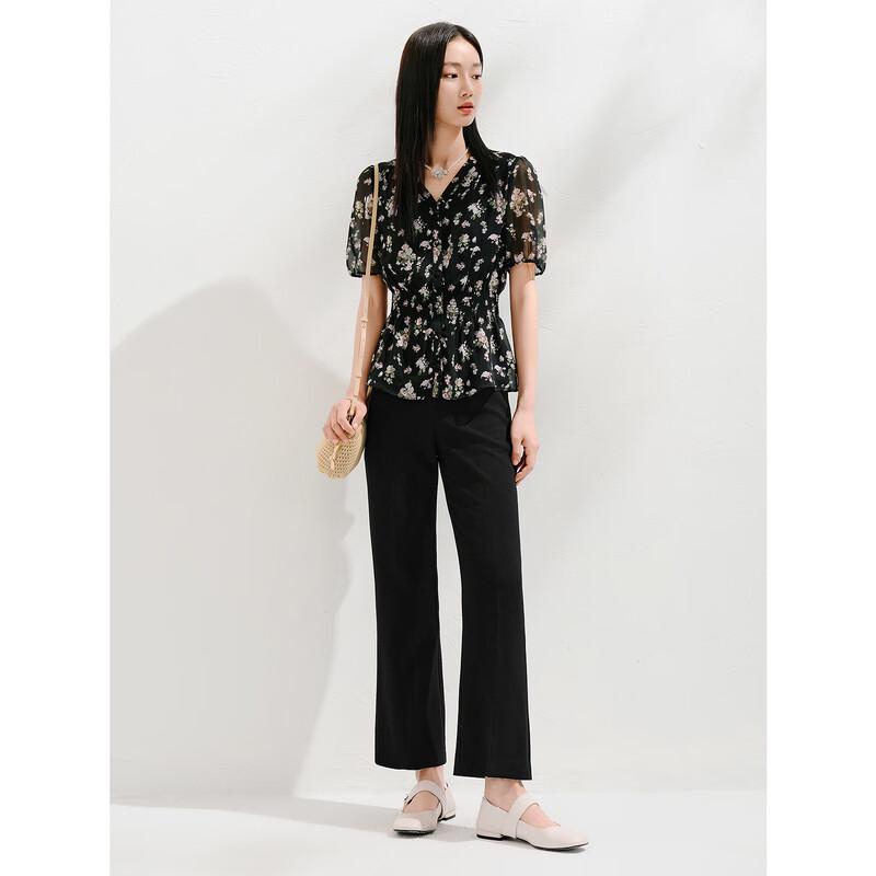 Jiu Zi Anna Ke 2025 Summer Floral Print Chiffon V-neck Blouse S