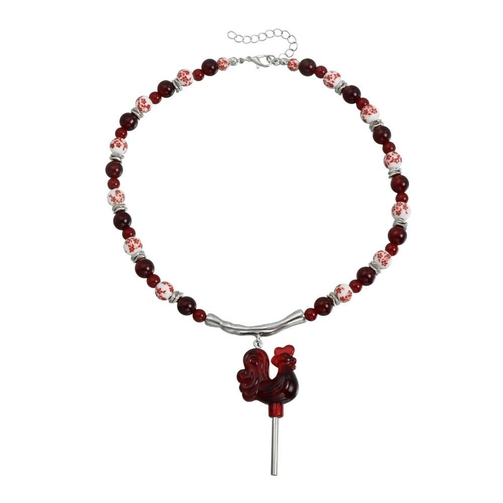 Adjustable Rooster Pendant Necklaces Beads Hoop Earrings Red Rooster Necklace Russian Folk Style