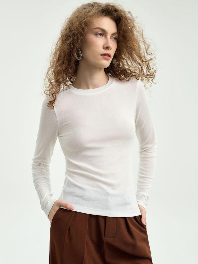 Women's White Mask Tencel Lyocell Wool Long Sleeve Slimming Base Layer Top - 2025 Autumn/Winter Collection