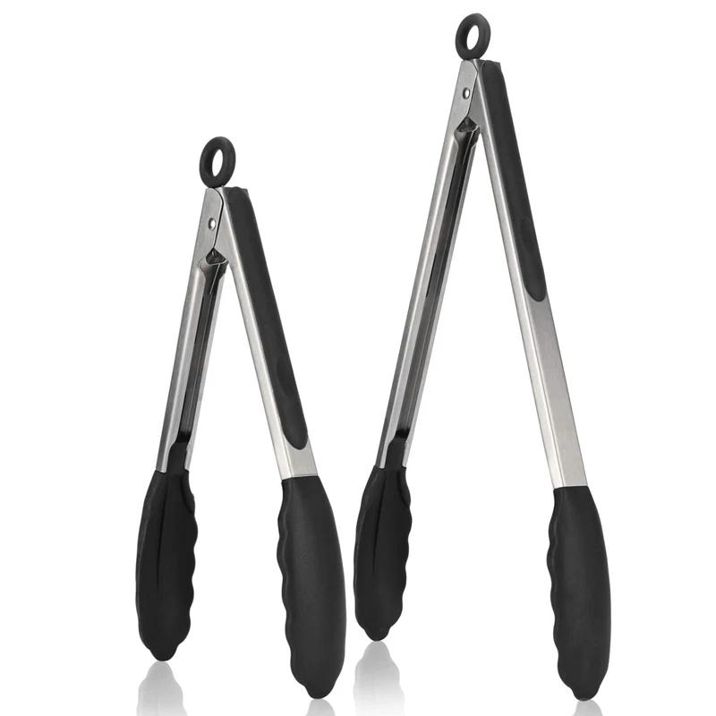 2Pcs Silicone Kitchen Tongs BBQ Clip Stainless Steel Handle Salad Bread Food Serving Tongs Non-Stick Barbecue Grilling Lock Tong