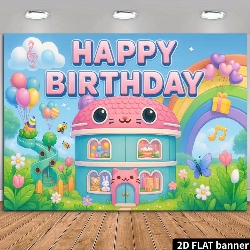 

2D Cartoon Cat House Backdrop, Colorful Birthday Background with Music Notes for Baby Shower & Kids Events 47.2x31.5inch/120*80cm