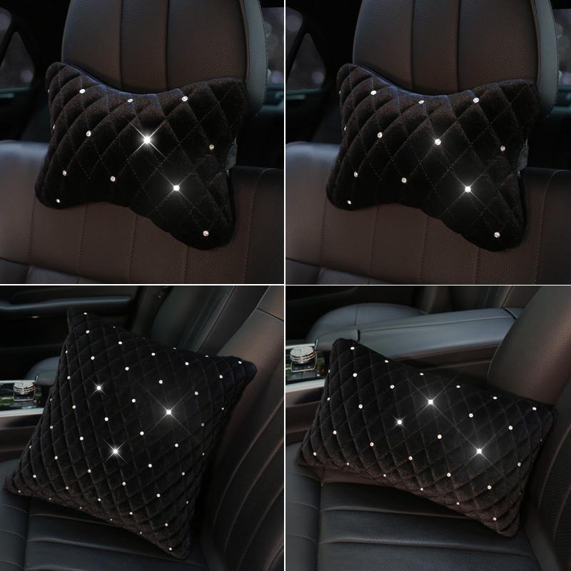 Bling Rhinestone Car Neck Pillow Winter Plush Crystal Auto Headrest Pillow Waist Supports Car Seat Pillow Cover Car Accessories